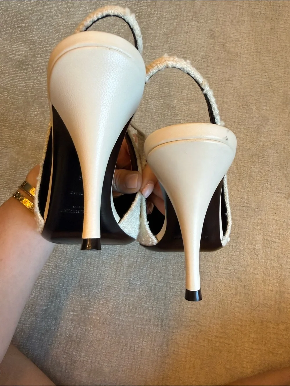 Saint Laurent Cream Tweed Slingback Pumps with Black Patent Pointed Toe - Picture 3 of 5